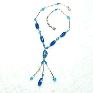 Vintage Blue Glass Beaded Necklace w/ Silvertone Accent Beads